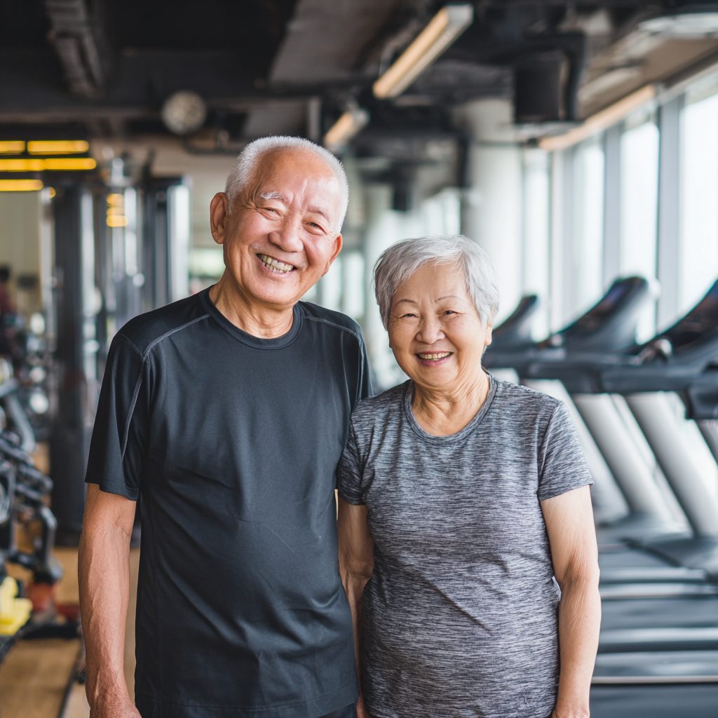 Счастливые пожилые люди европейской внешности выполняют упражнения на свежем воздухе с улыбками