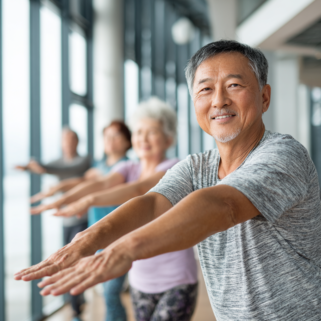 Улыбающийся пожилой мужчина европейской внешности использует современные технологии для отслеживания физических упражнений