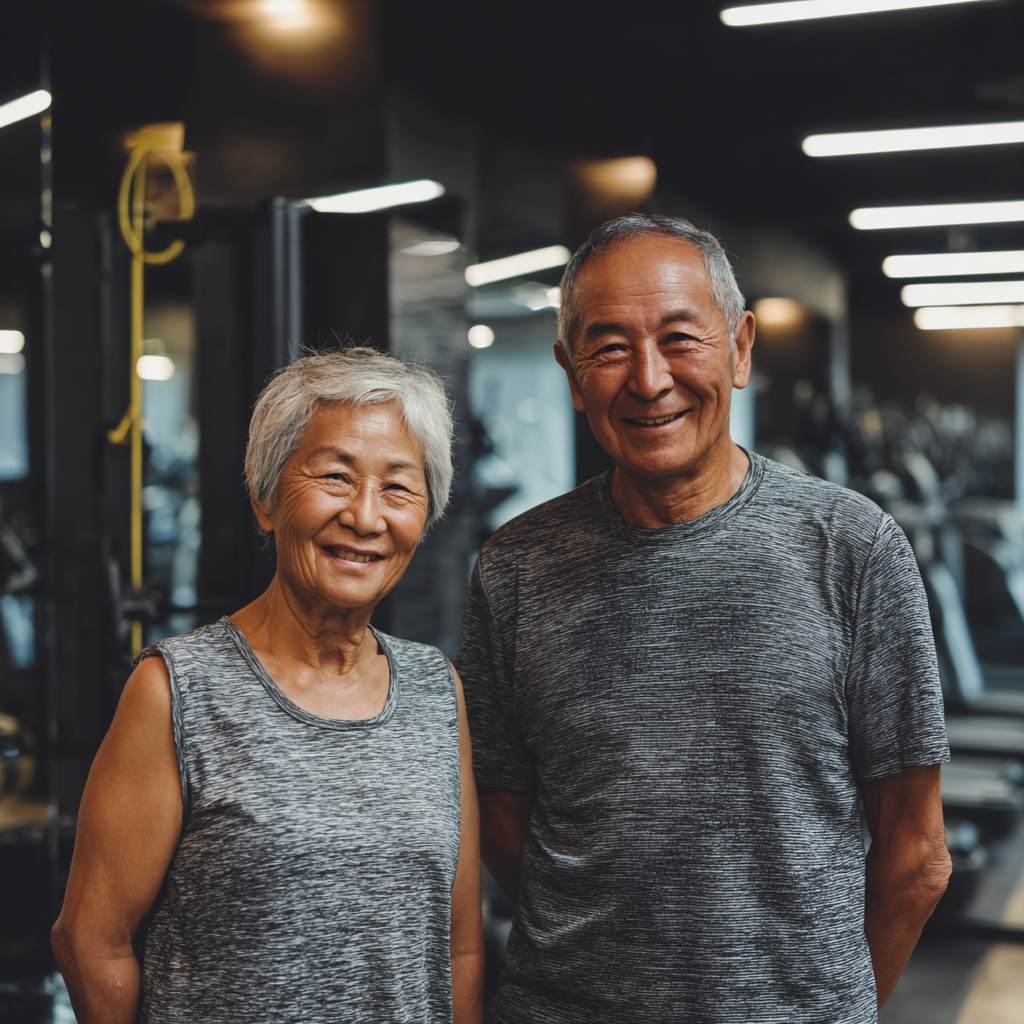 Группа счастливых пожилых людей европейской внешности занимается фитнесом в современном зале с улыбками